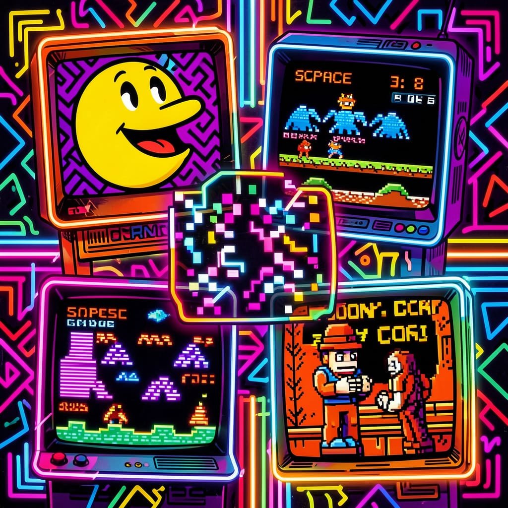 Collage av klassiske arkadespill på skjerm