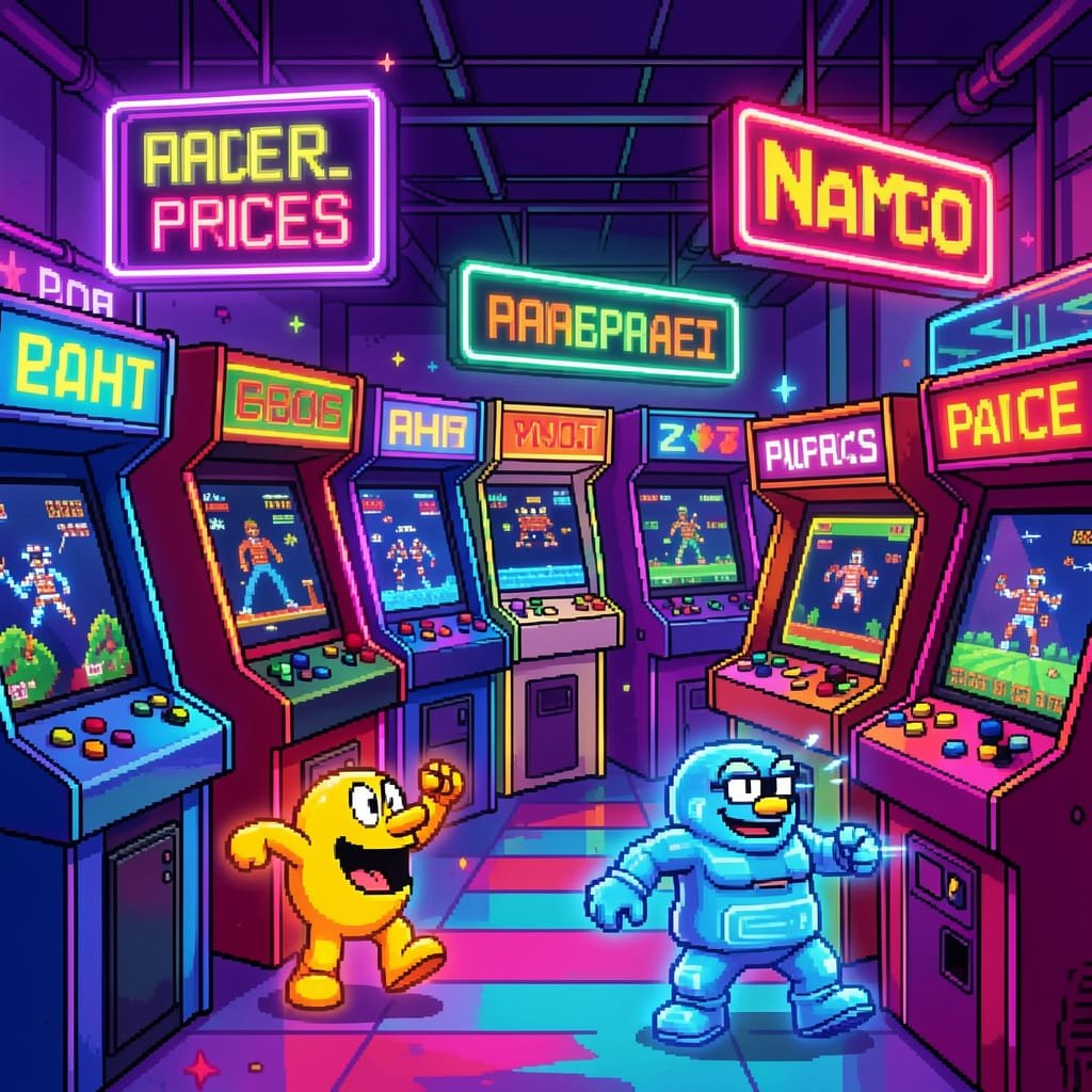 Pixel-arkadehall med Pac-Man og NAMCO-neon