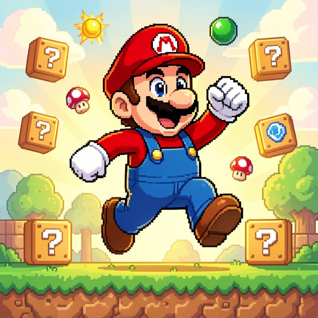 Plattformspill i pixelstil med power-ups