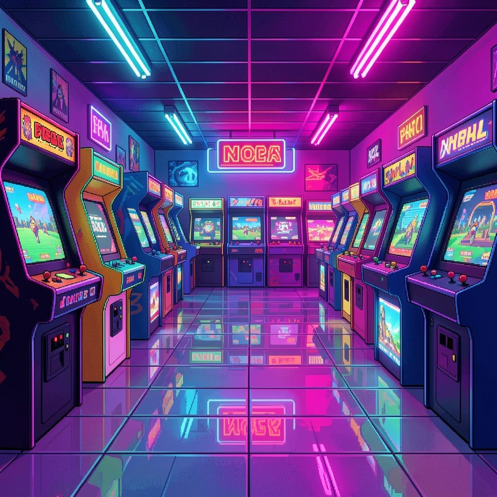 Arkadehall med kabinett og neonlys