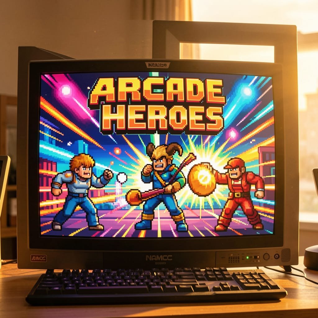 ARCADE HEROES på CRT-skjerm med NAMCO-logo